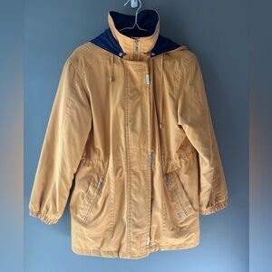 London Fog, size small, removable fleece liner, hooded mustard jacket.